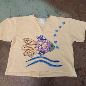 Women's Hand Painted Tropical Fish W/ Bubbles Cropped Tee Size Large Unique
